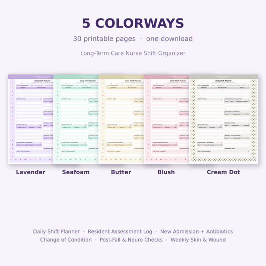 Nurse Planner Bundle in 5 Colors | 30 Printable LTC Shift Organizer Pages