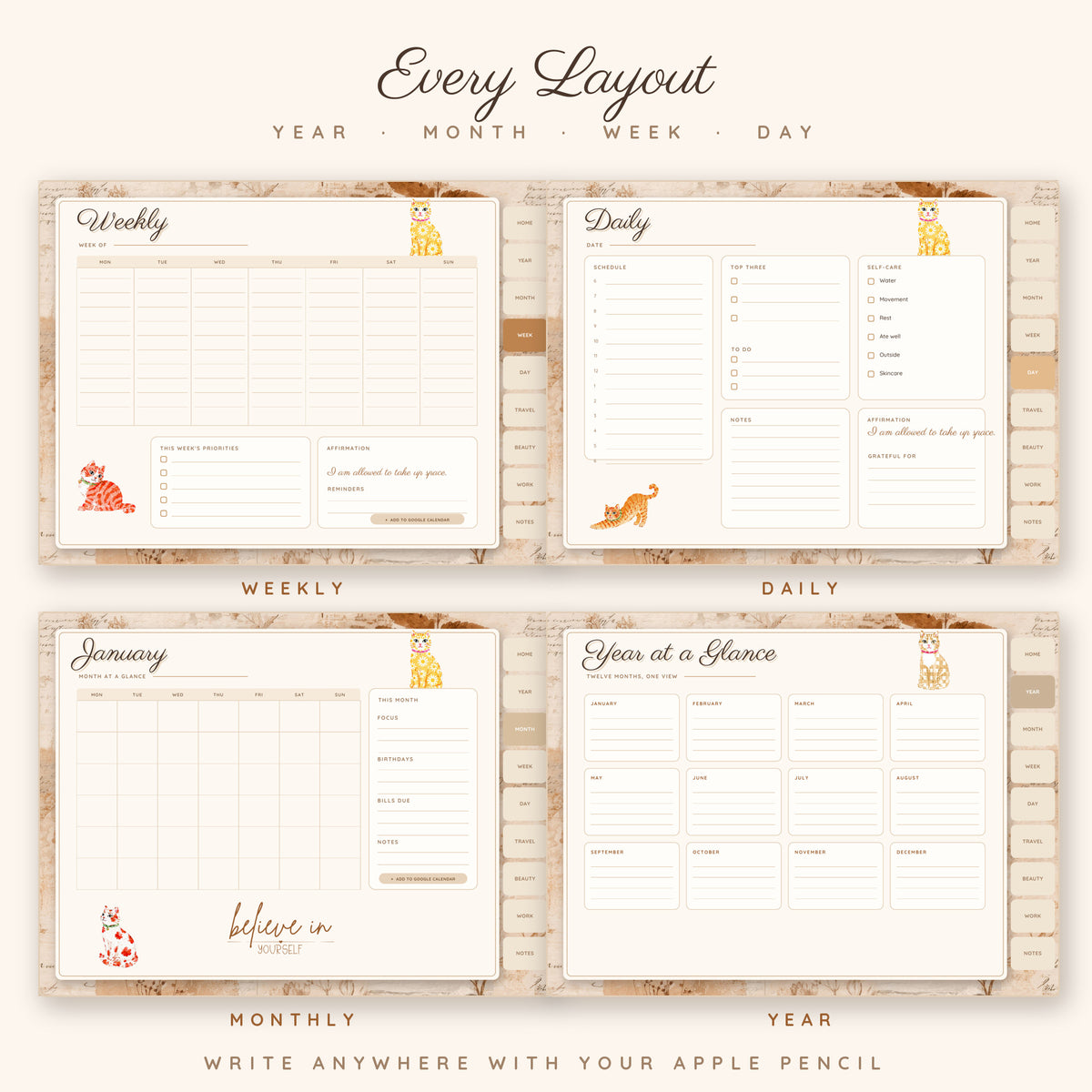 Cat Life Bookish Girl Digital Planner GoodNotes Undated | Cat Life Planner iPad | Hyperlinked Daily Weekly Monthly | 230 Stickers