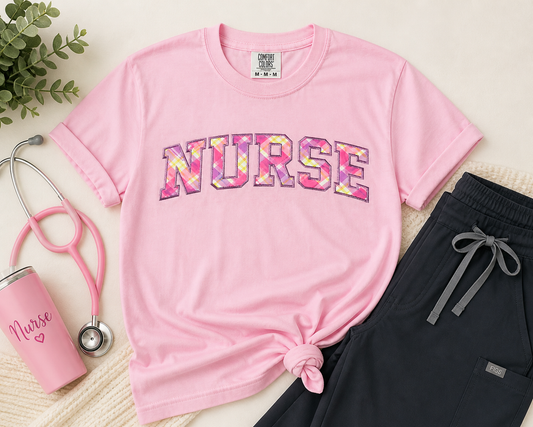 NURSE Appliqué Embroidered Tee – Pink Pastel Plaid