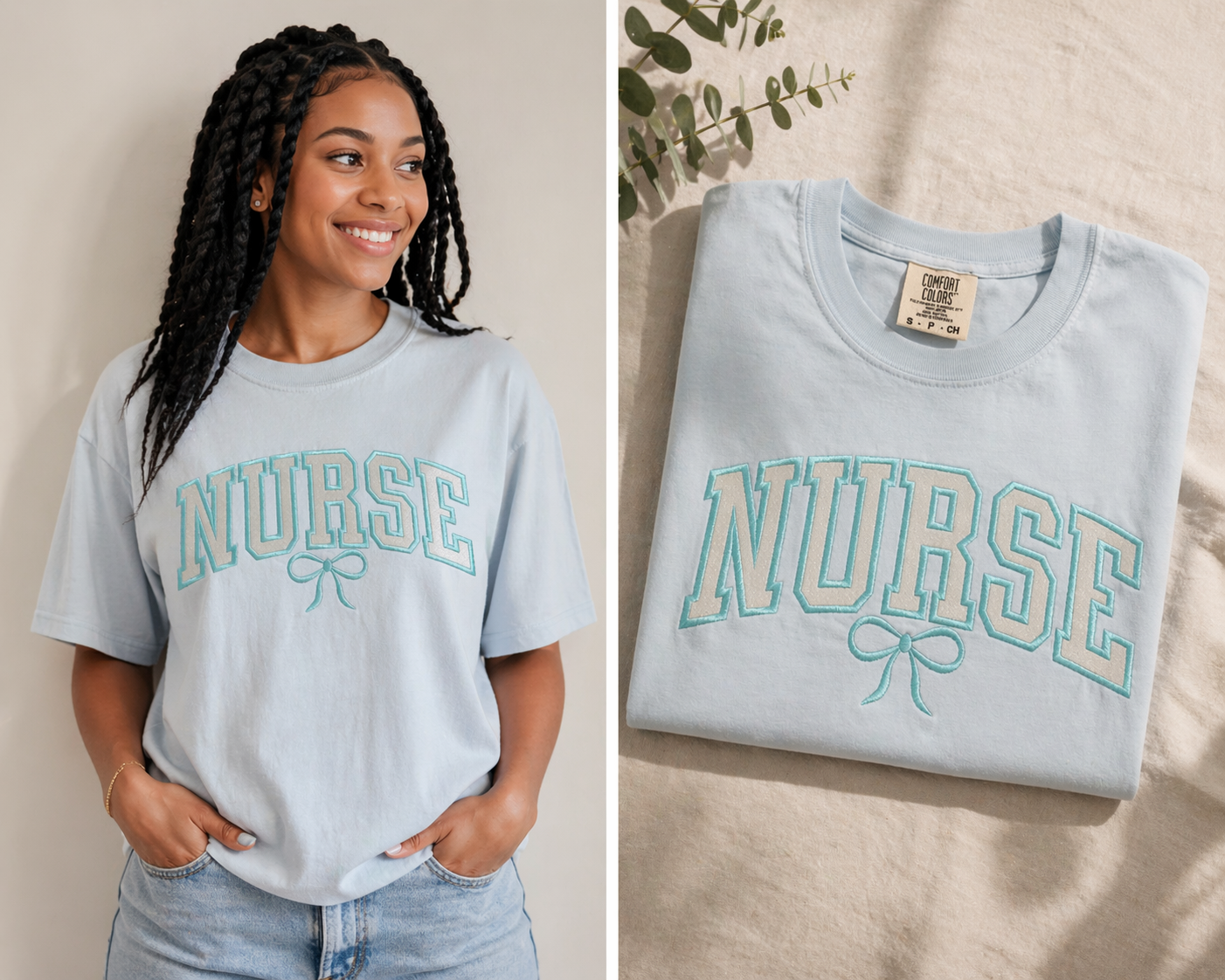 Nurse Varsity Bow Glitter Appliqué Tee – Comfort Colors Premium T-Shirt