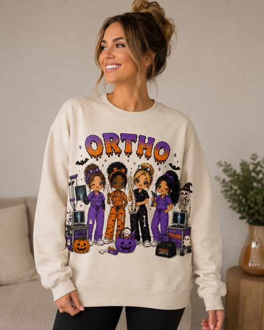 Woman wearing the cream Ortho Halloween nurse sweatshirt with drippy purple and orange lettering