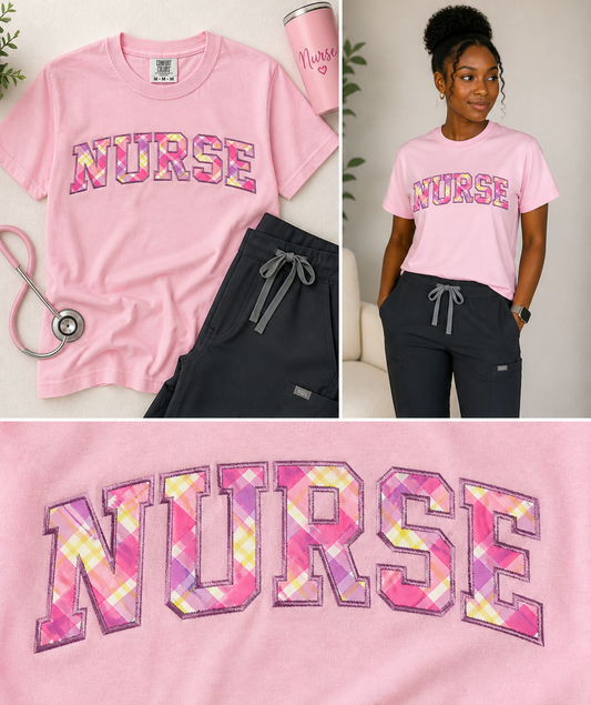NURSE Applique Embroidered Tee - Pink Pastel Plaid - view 3
