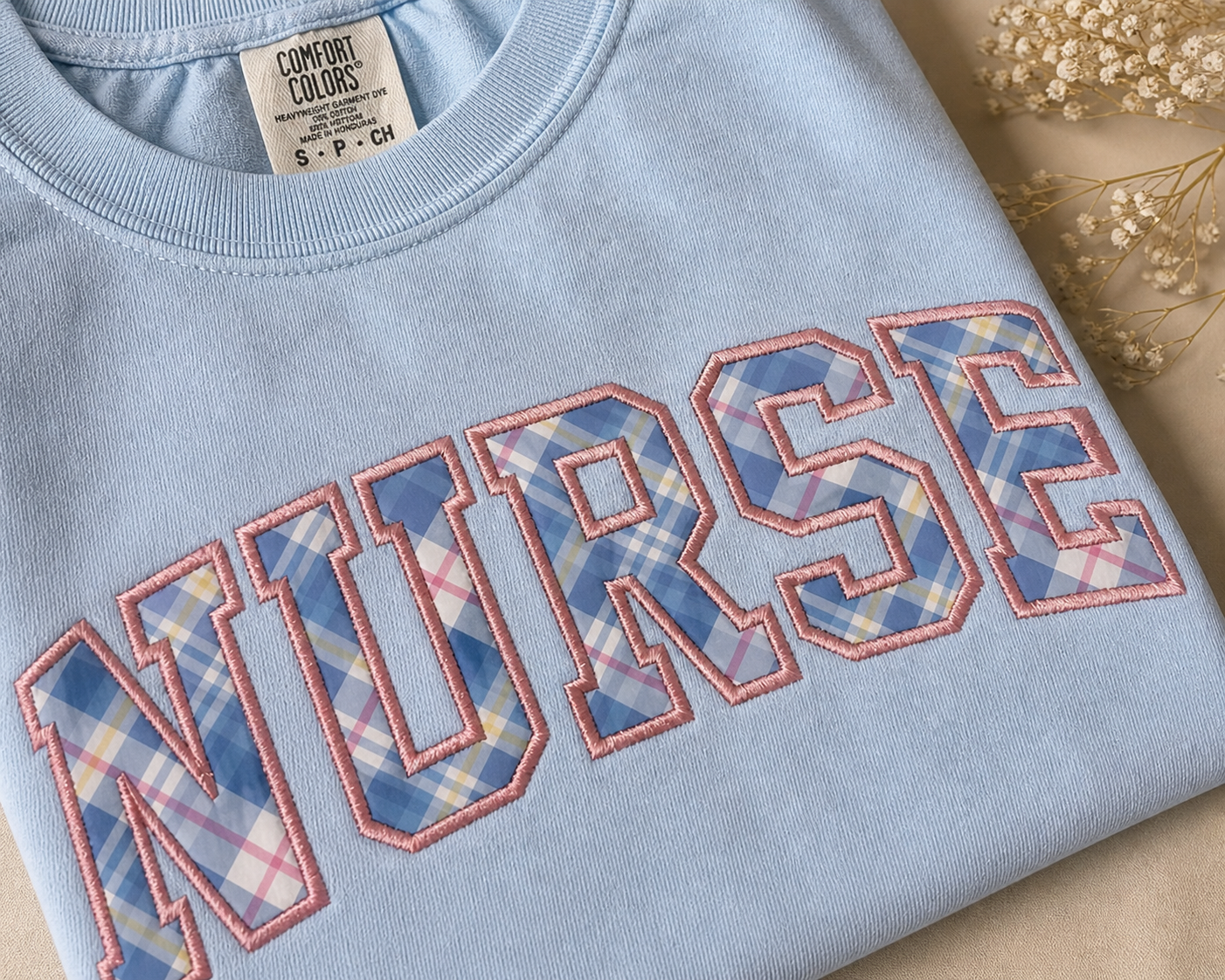 NURSE Applique Embroidered Tee - Pastel Plaid Lettering - view 2