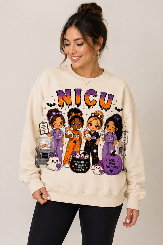 Woman wearing the cream NICU Halloween nurse sweatshirt with drippy purple and orange lettering
