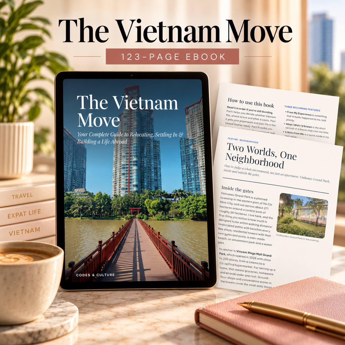 The Vietnam Move 123-page ebook shown on a tablet with sample interior pages
