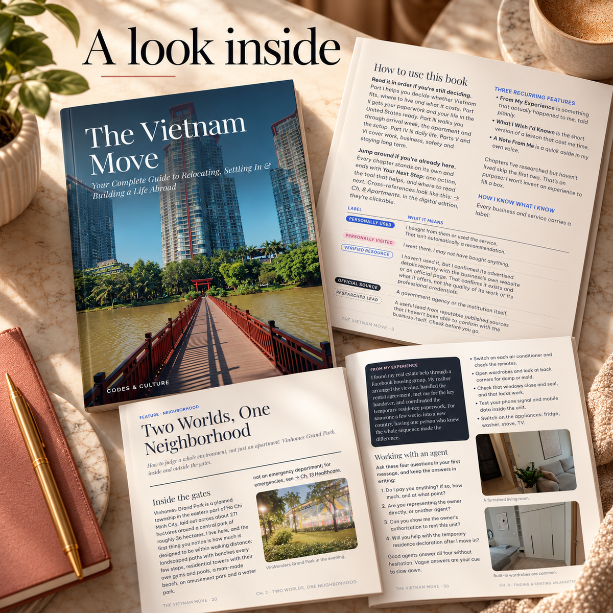 A look inside The Vietnam Move: cover, How to Use This Book and apartment chapter pages
