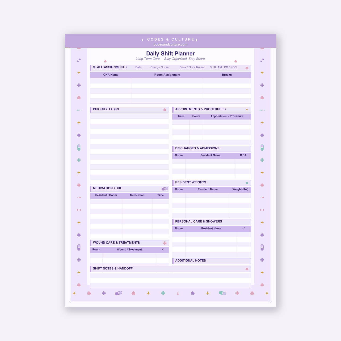 LTC Nurse Shift Organizer | 6-Page Long Term Care Printable PDF