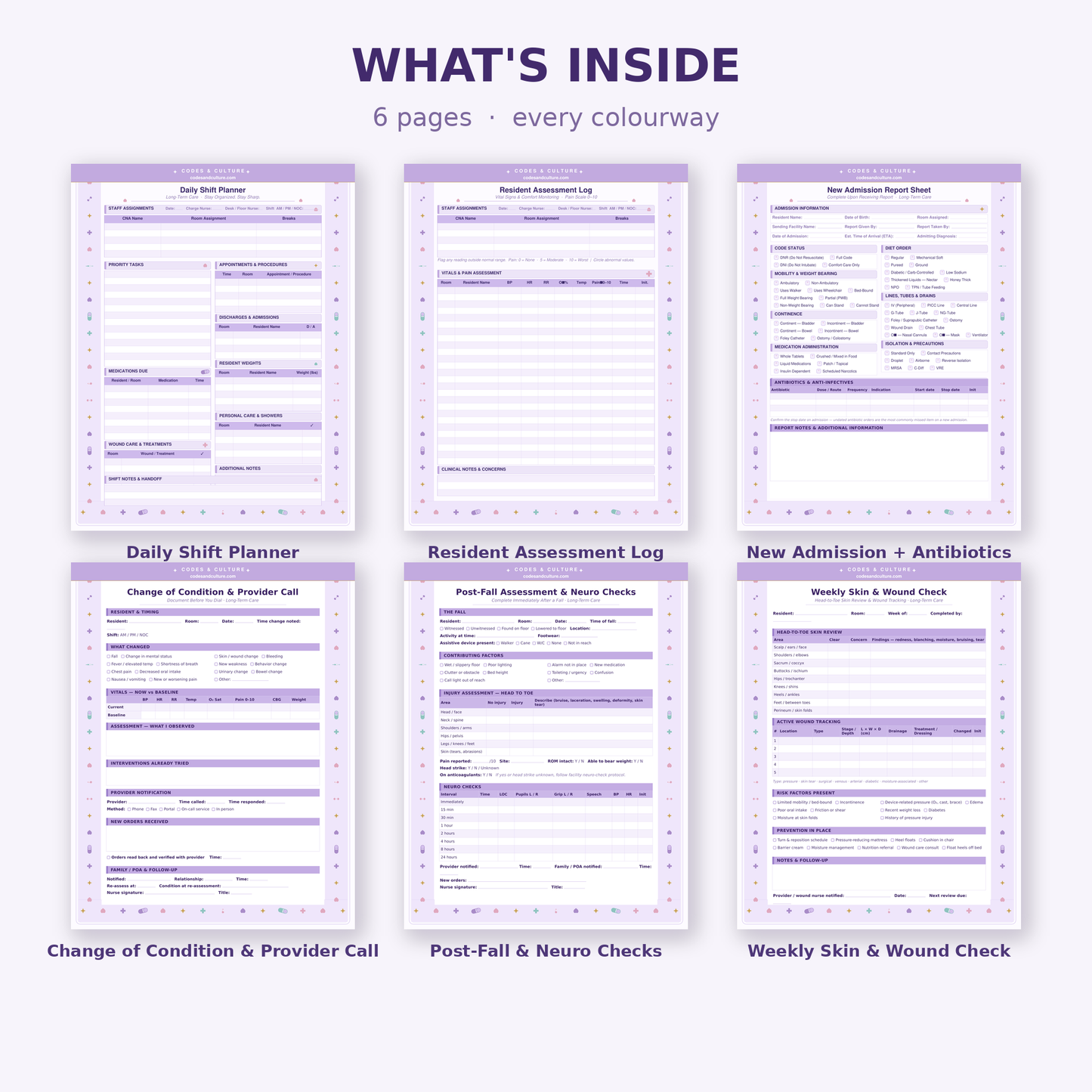 Nurse Planner Bundle in 5 Colors | 30 Printable LTC Shift Organizer Pages