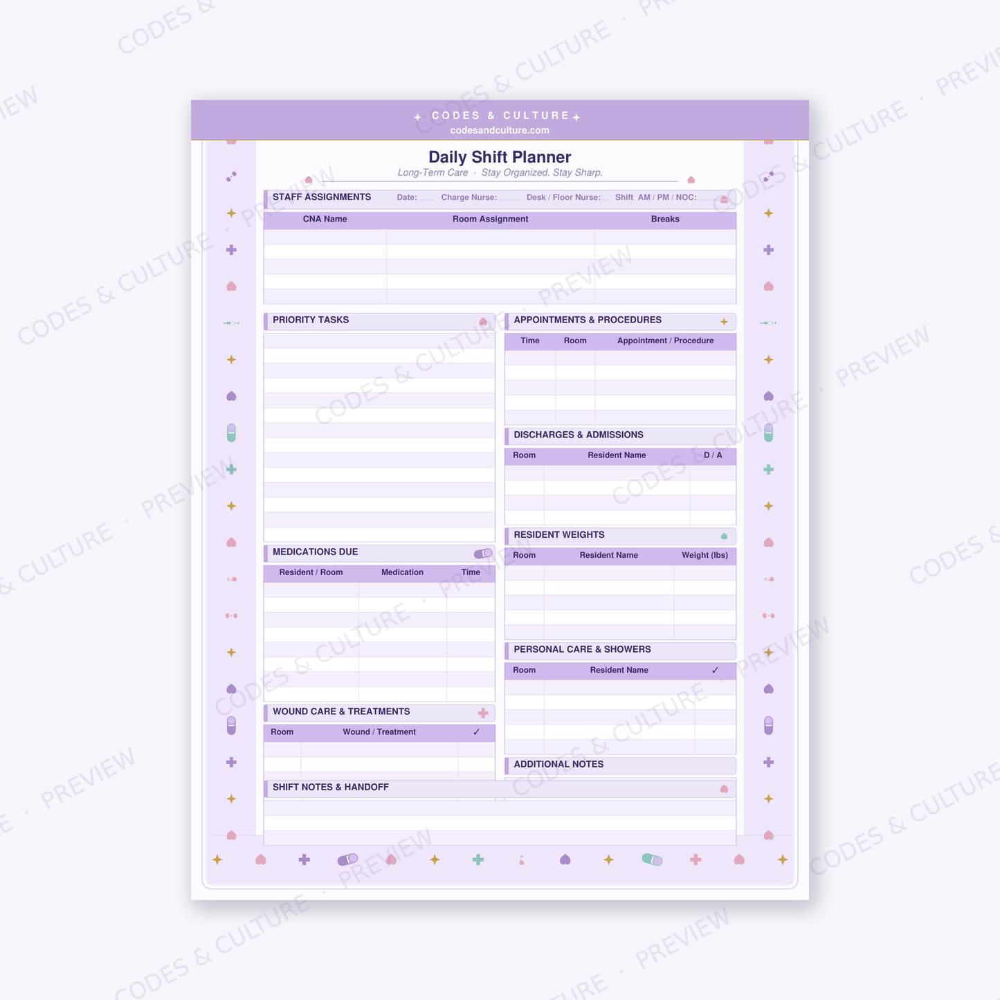 Nurse Planner Bundle in 5 Colors | 30 Printable LTC Shift Organizer Pages