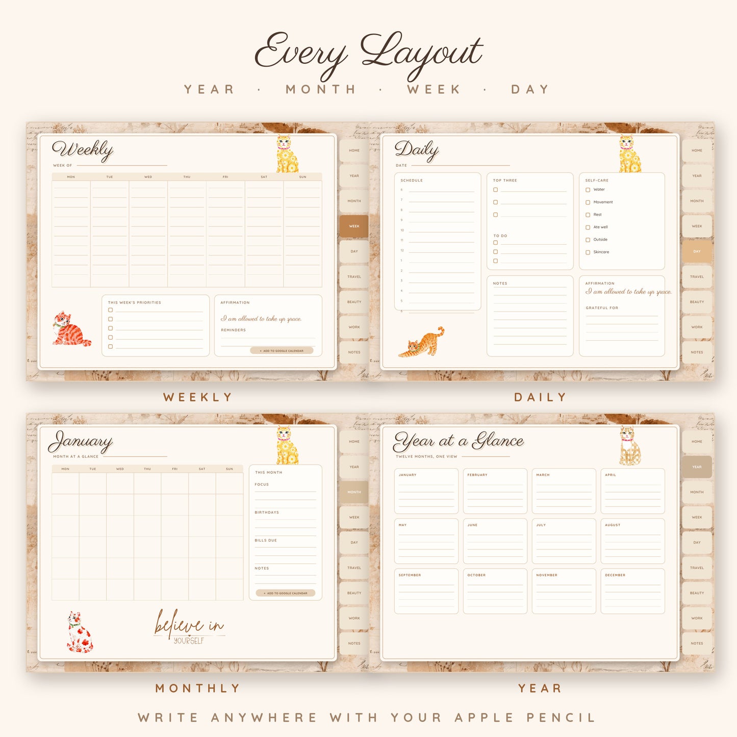 Cat Life Bookish Girl Digital Planner | Undated GoodNotes Planner + 230 Stickers