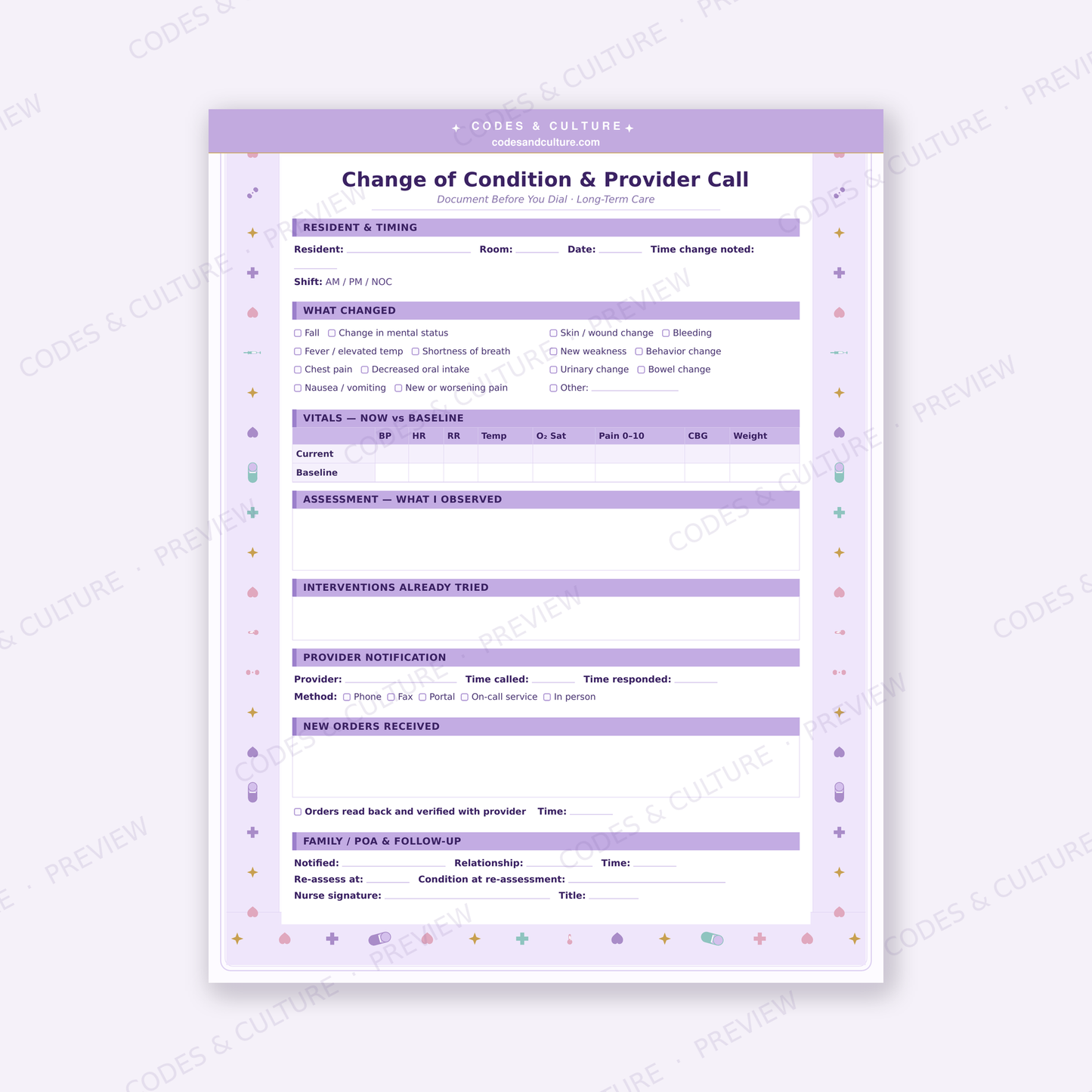LTC Nurse Shift Organizer | 6-Page Long Term Care Printable PDF