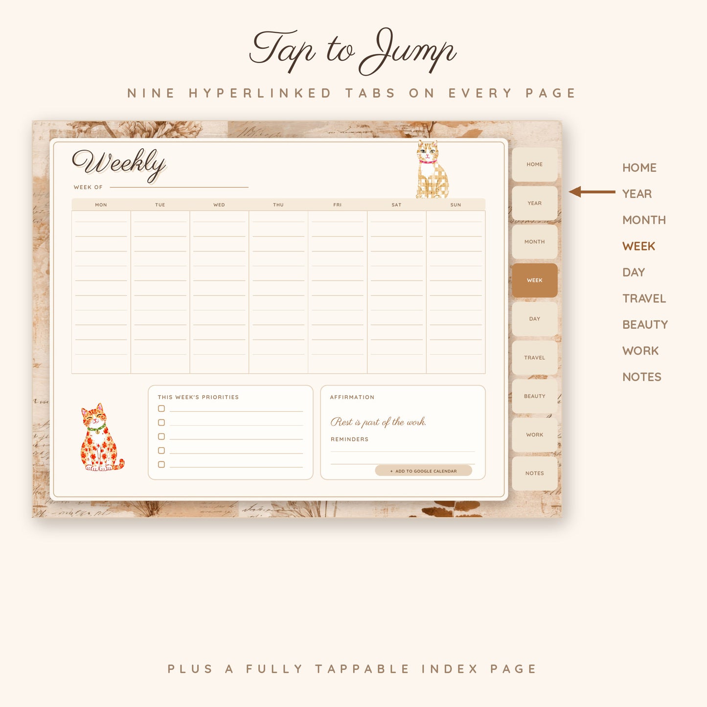 Cat Life Bookish Girl Digital Planner | Undated GoodNotes Planner + 230 Stickers