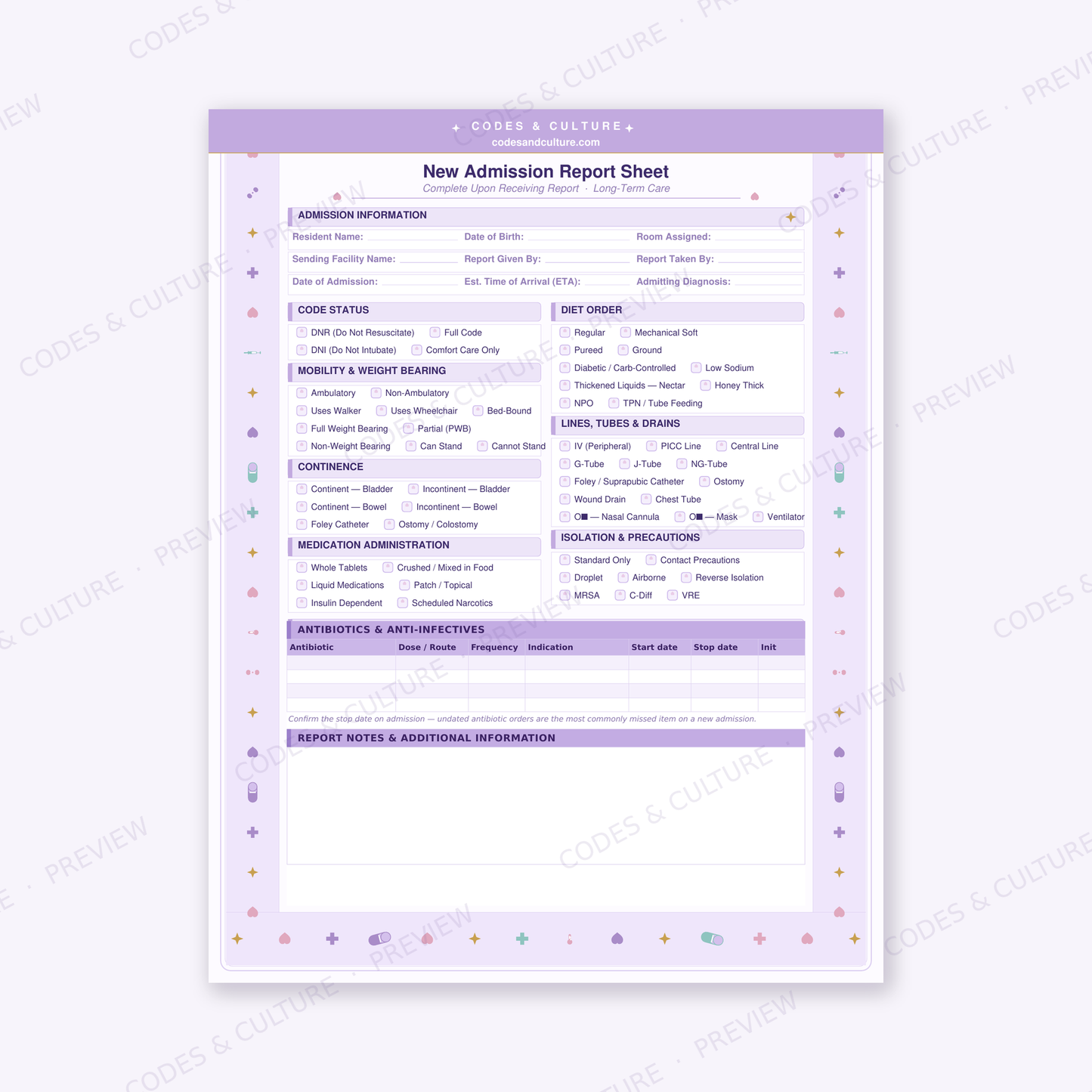 Nurse Planner Bundle in 5 Colors | 30 Printable LTC Shift Organizer Pages
