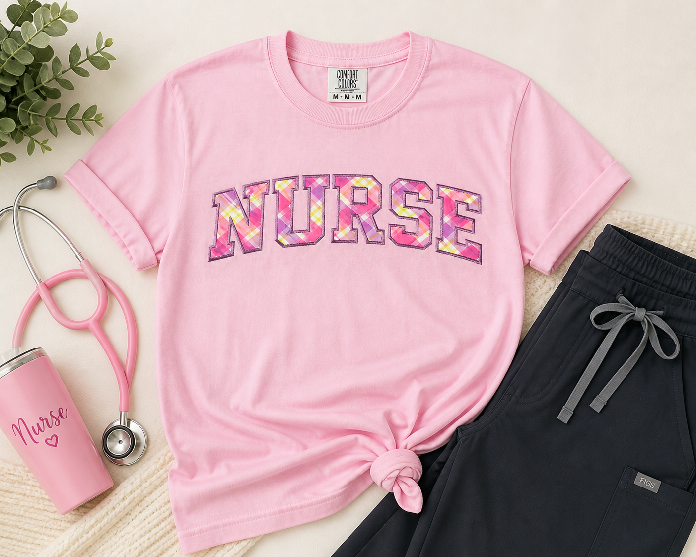 NURSE Applique Embroidered Tee - Pink Pastel Plaid - view 2