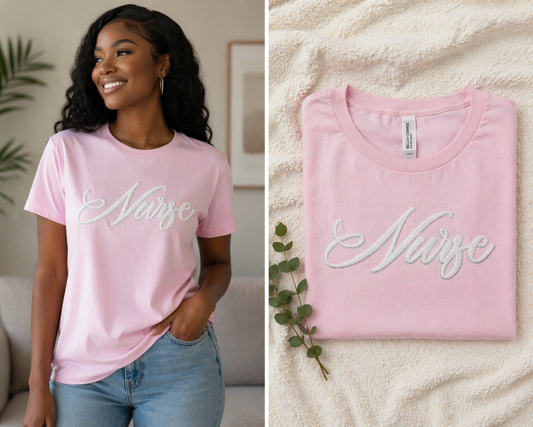 Nurse Script Embroidered Tee- Pink