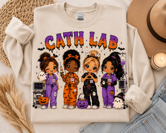 Cath Lab Halloween nurse sweatshirt in cream, with four chibi nurses wearing RN, LPN and BSN badges