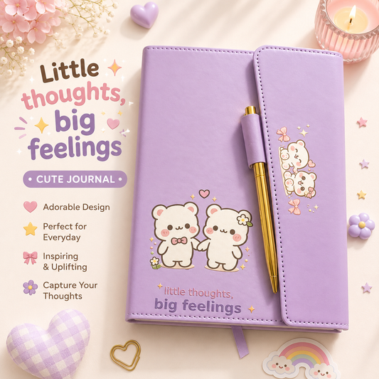 Lavender faux leather journal with two kawaii bears and the words little thoughts big feelings in pastel lettering, shown with a matching gold pen