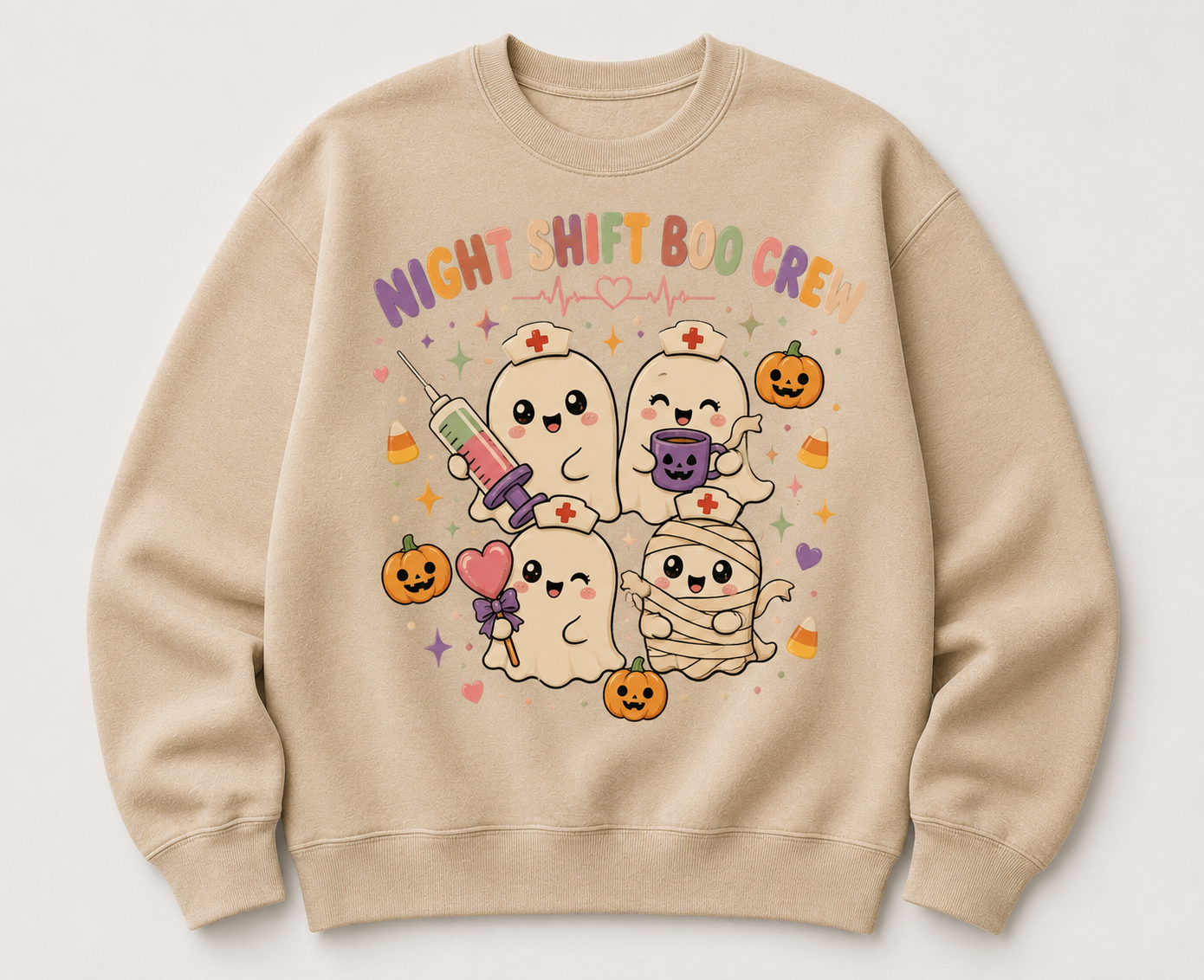 Night Shift Boo Crew — Kawaii Halloween Nurse Sweatshirt