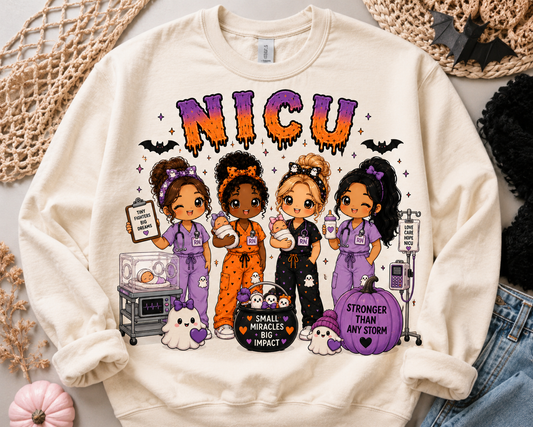 NICU Halloween nurse sweatshirt in cream, with four chibi nurses holding swaddled babies beside an isolette