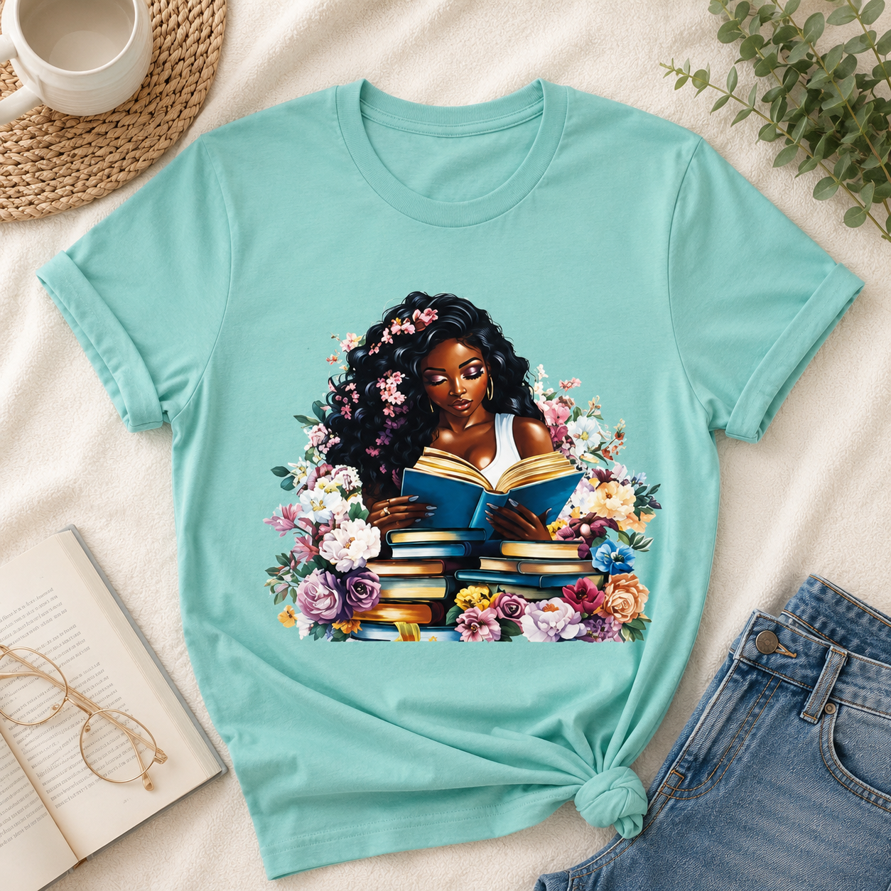 Book'd and Busy graphic tee with floral Black woman book lover illustration, relaxed fit