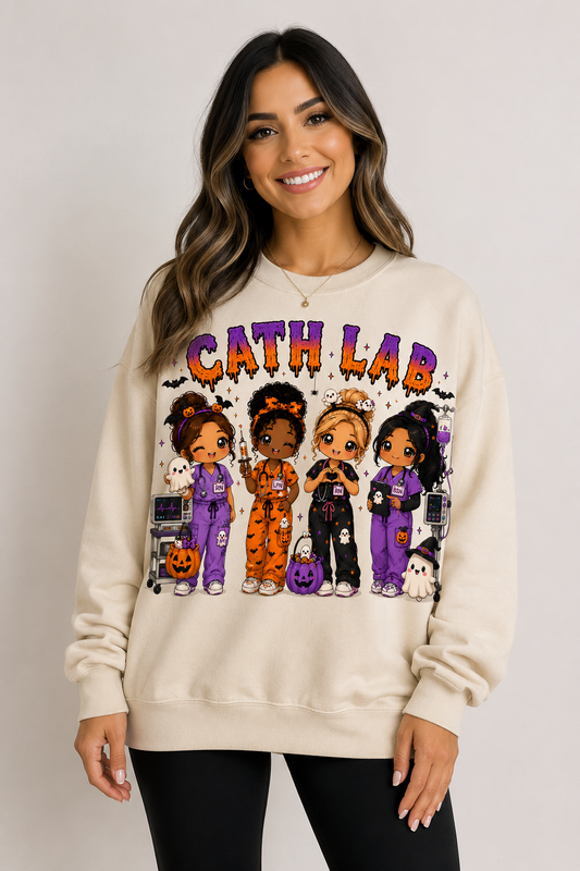 Woman wearing the cream Cath Lab Halloween nurse sweatshirt with drippy purple and orange lettering