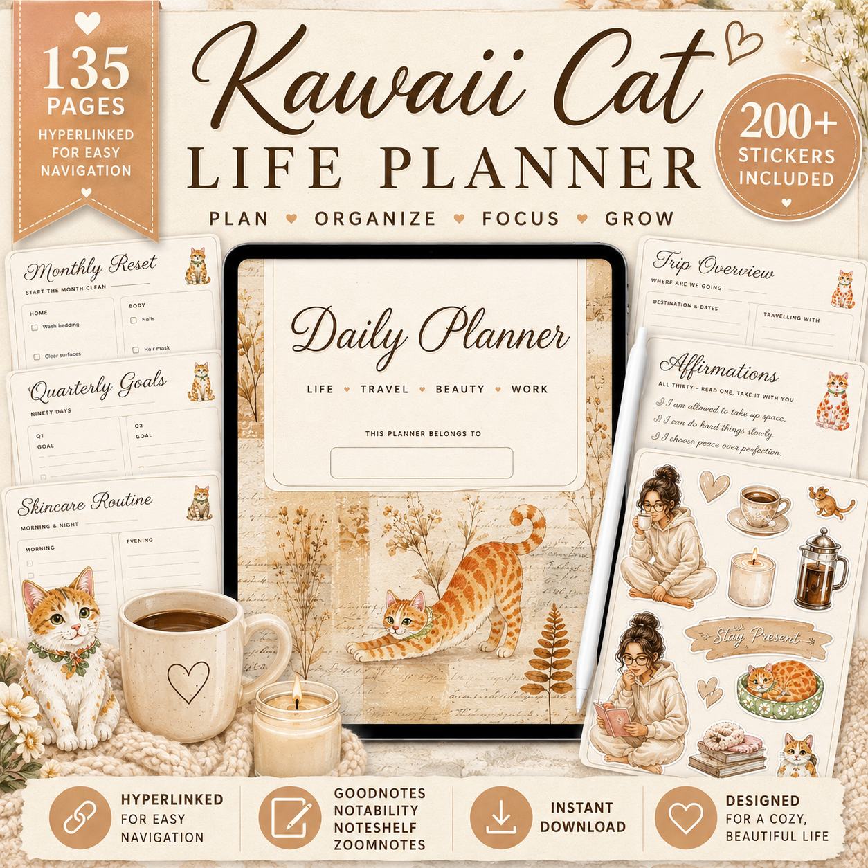 Cat Life Bookish Girl Digital Planner | Undated GoodNotes Planner + 230 Stickers