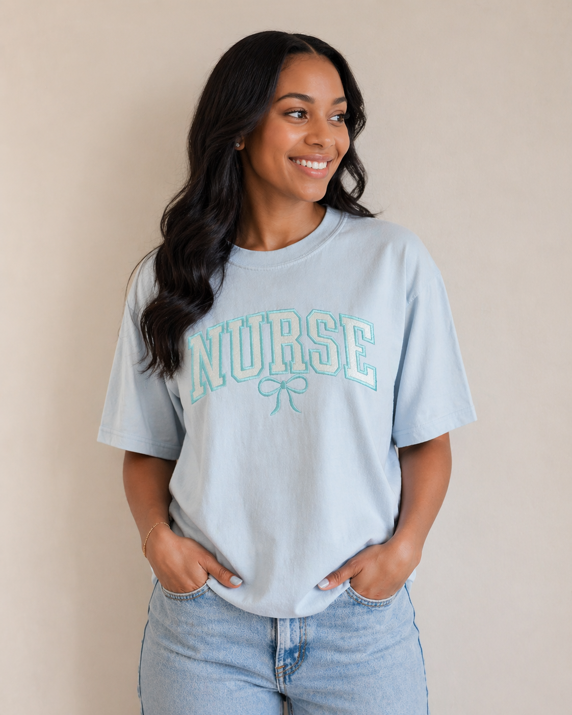 Nurse Varsity Bow Glitter Appliqué Tee – Comfort Colors Premium T-Shirt