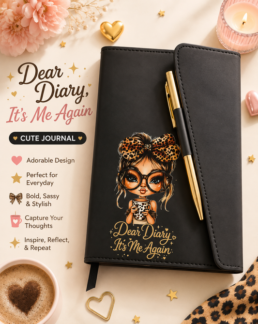 Black faux leather journal with an illustrated girl in a leopard bow and glasses holding coffee, with Dear Diary It's Me Again in gold script, shown with a matching gold pen