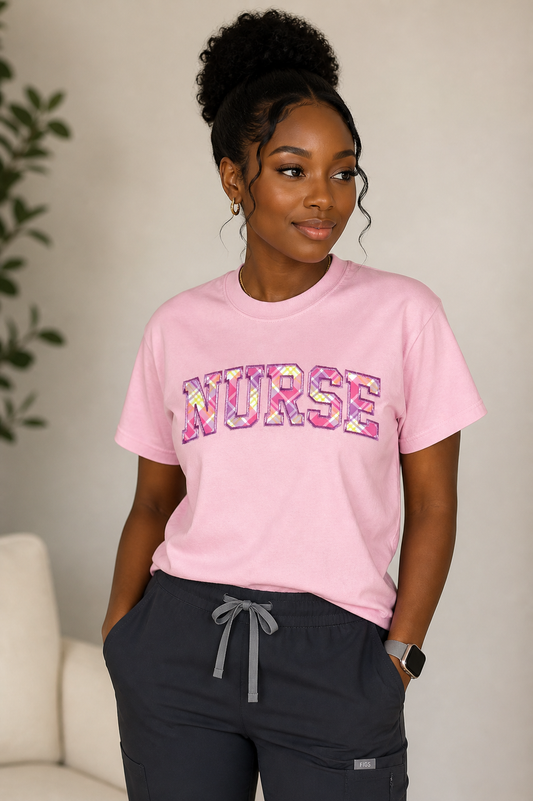 NURSE Appliqué Embroidered Tee – Pink Pastel Plaid