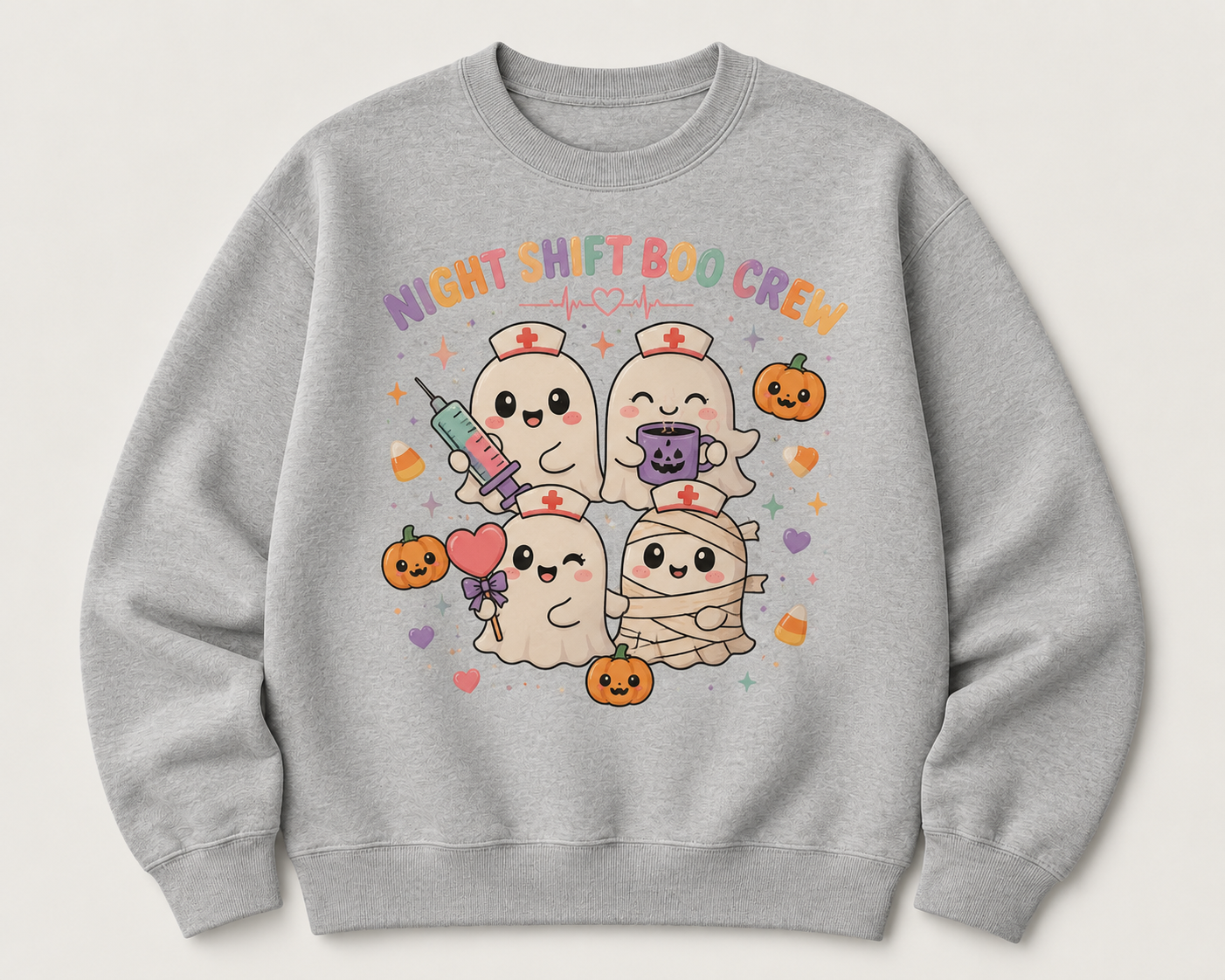 Night Shift Boo Crew — Kawaii Halloween Nurse Sweatshirt