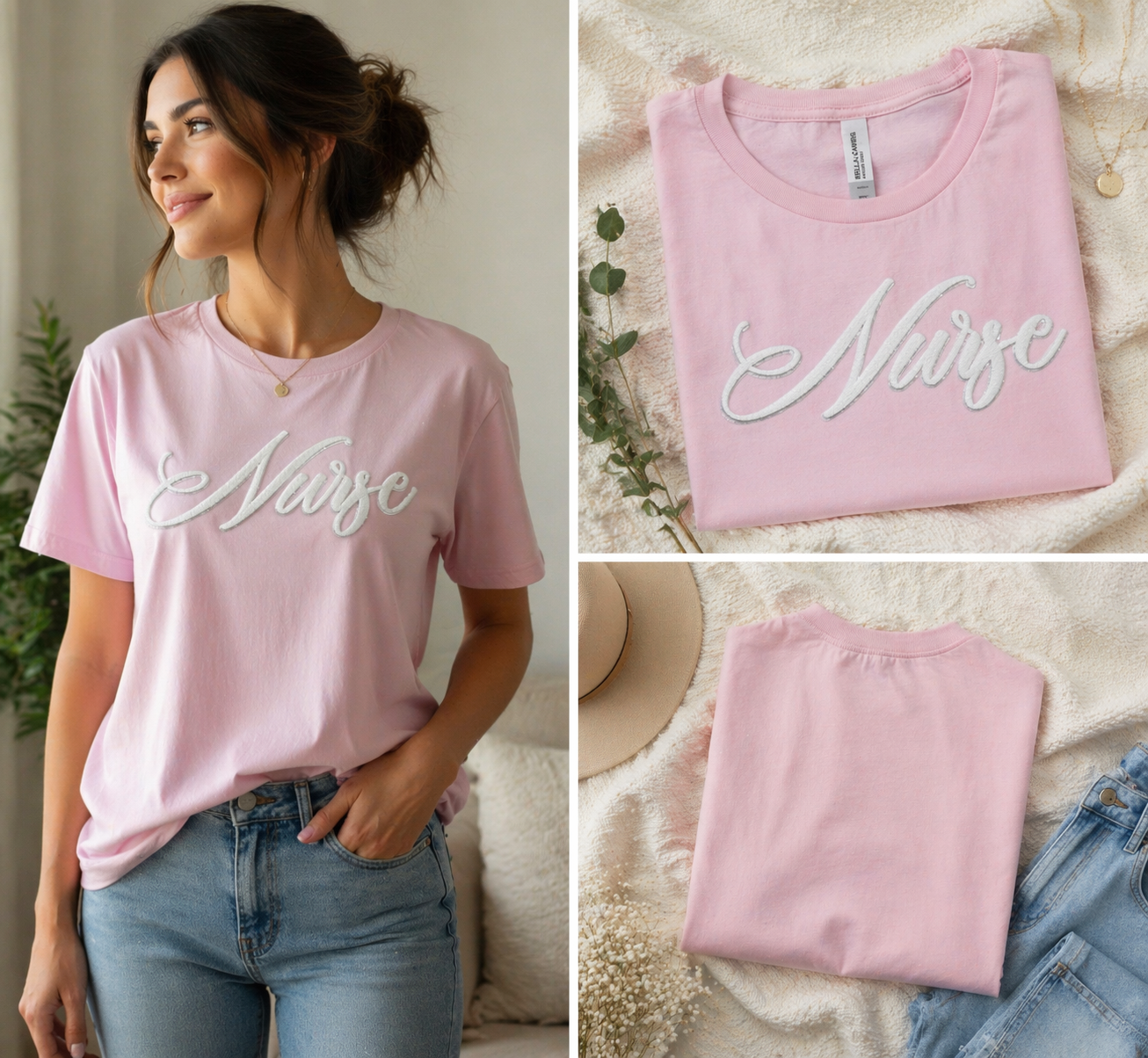 Nurse Script Embroidered Tee- Pink