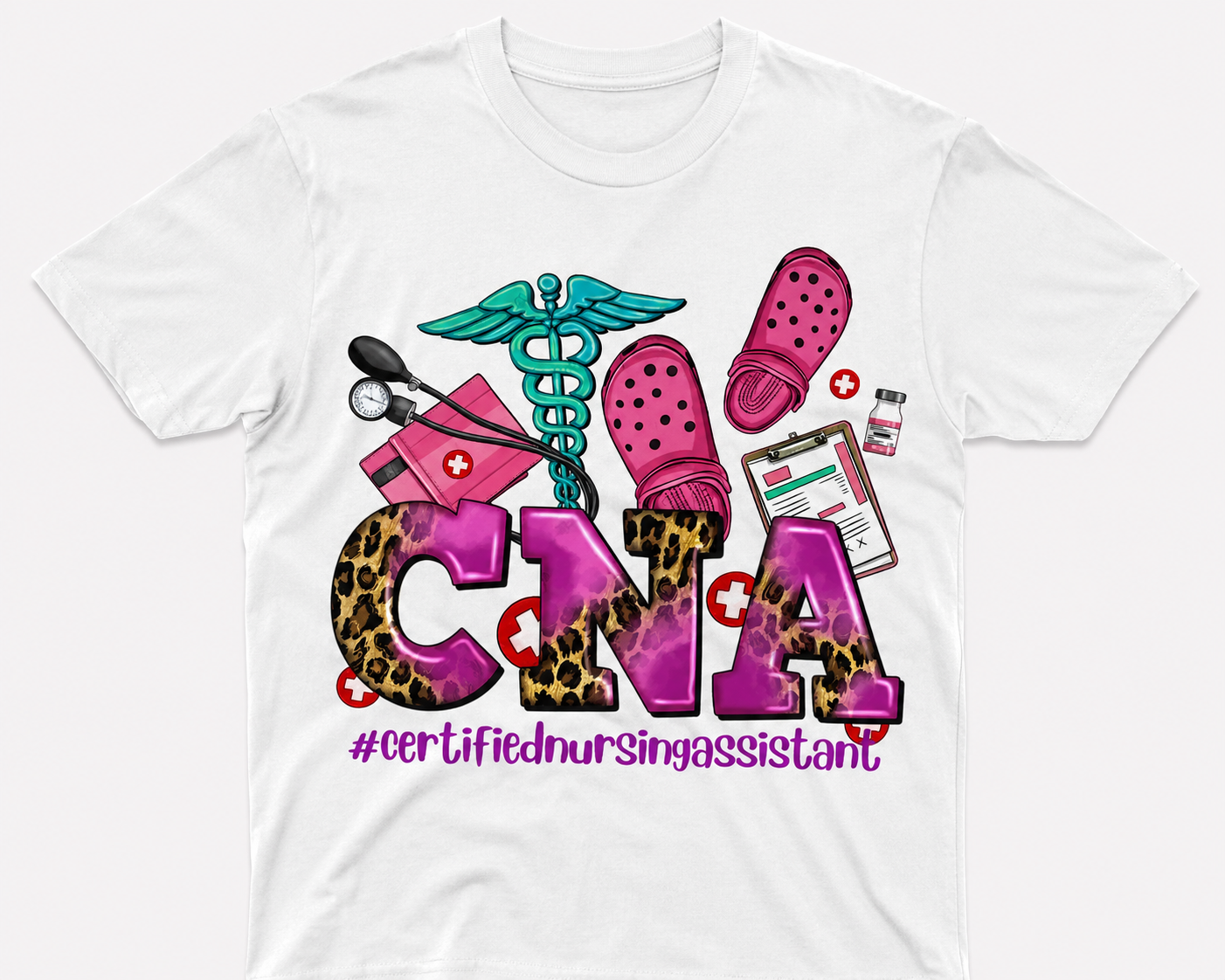 Wild Days CNA leopard print graphic tee for certified nursing assistants, flat lay
