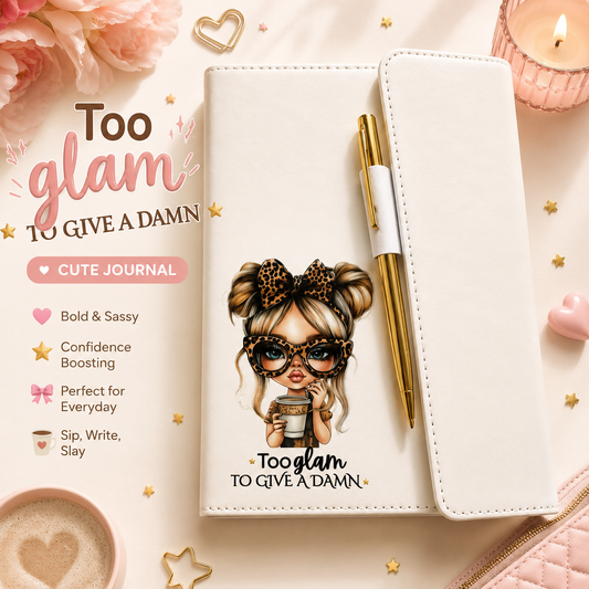 Cream faux leather journal with an illustrated girl in leopard glasses and space buns holding coffee, with Too Glam To Give A Damn in pink and gold, shown with a matching gold pen