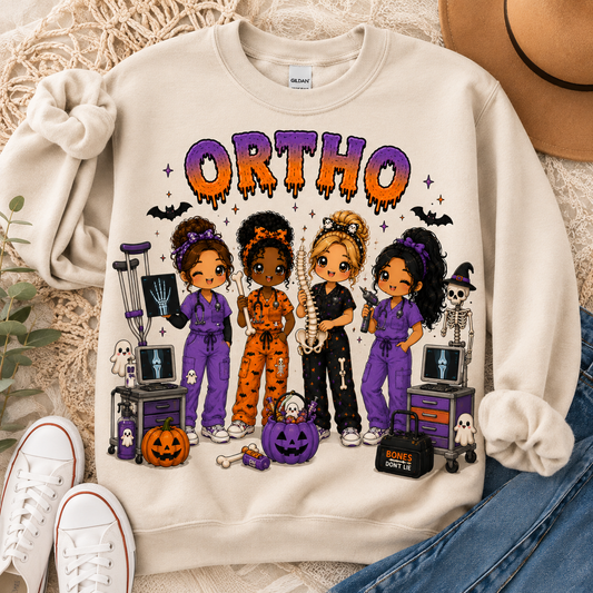 Ortho Halloween nurse sweatshirt in cream, with four chibi nurses, X-rays and a skeleton in a witch hat