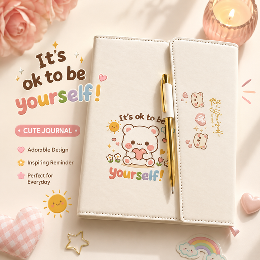 Cream faux leather journal with a kawaii bear holding a heart beside a smiling sun and the words It's ok to be yourself in rainbow lettering, shown with a matching gold pen