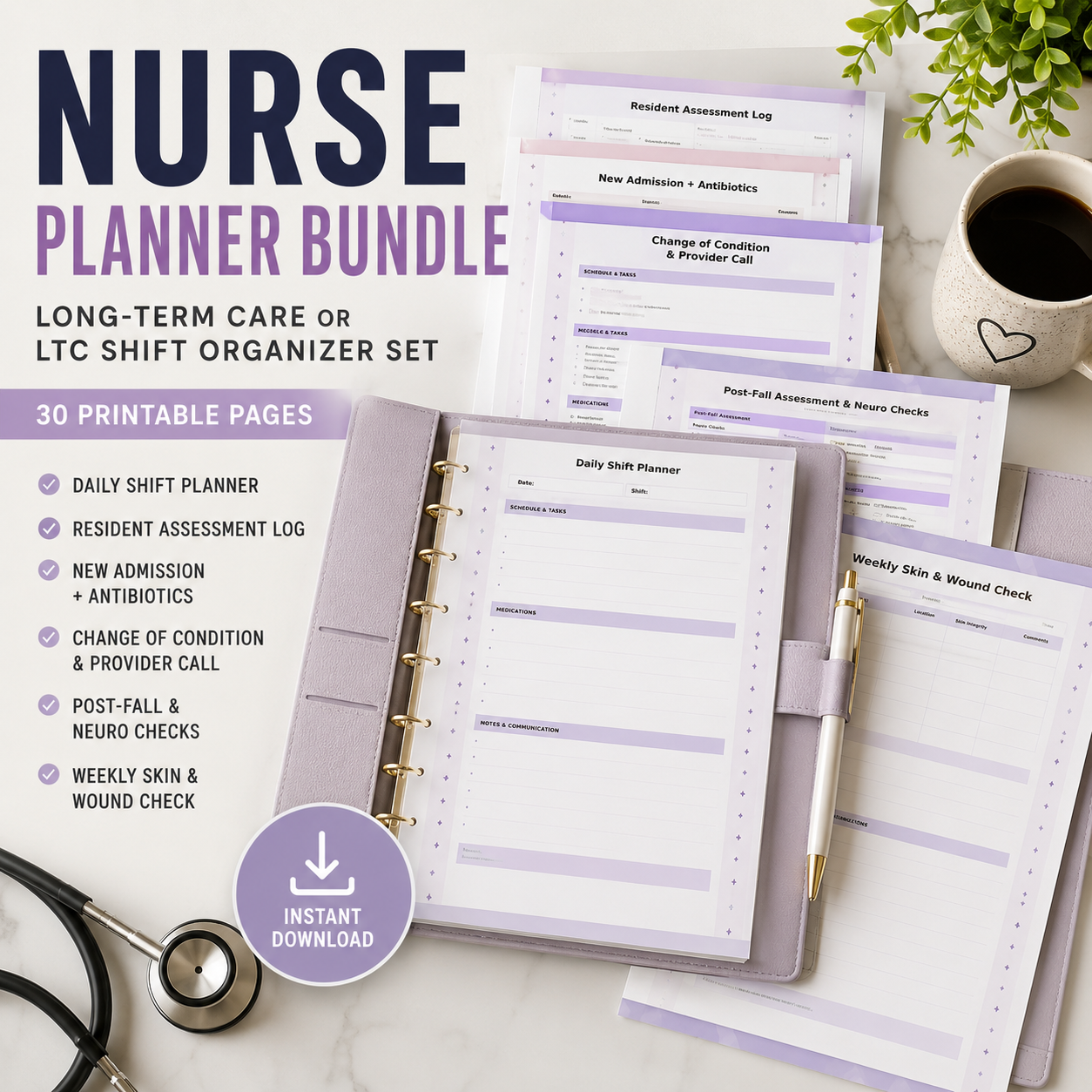 LTC Nurse Shift Organizer | 6-Page Long Term Care Printable PDF