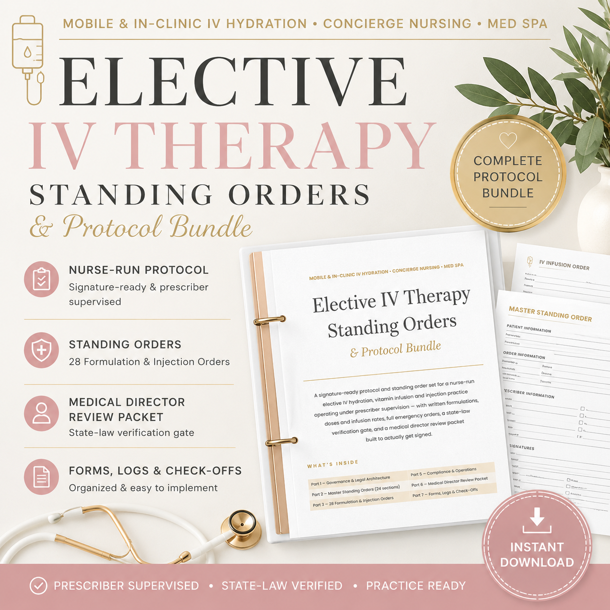 Elective IV Therapy Standing Orders and Protocol Bundle cover — 77-page editable template for nurse-run IV hydration and mobile infusion businesses