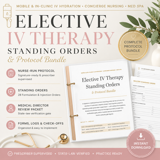 Elective IV Therapy Standing Orders and Protocol Bundle cover — 77-page editable template for nurse-run IV hydration and mobile infusion businesses