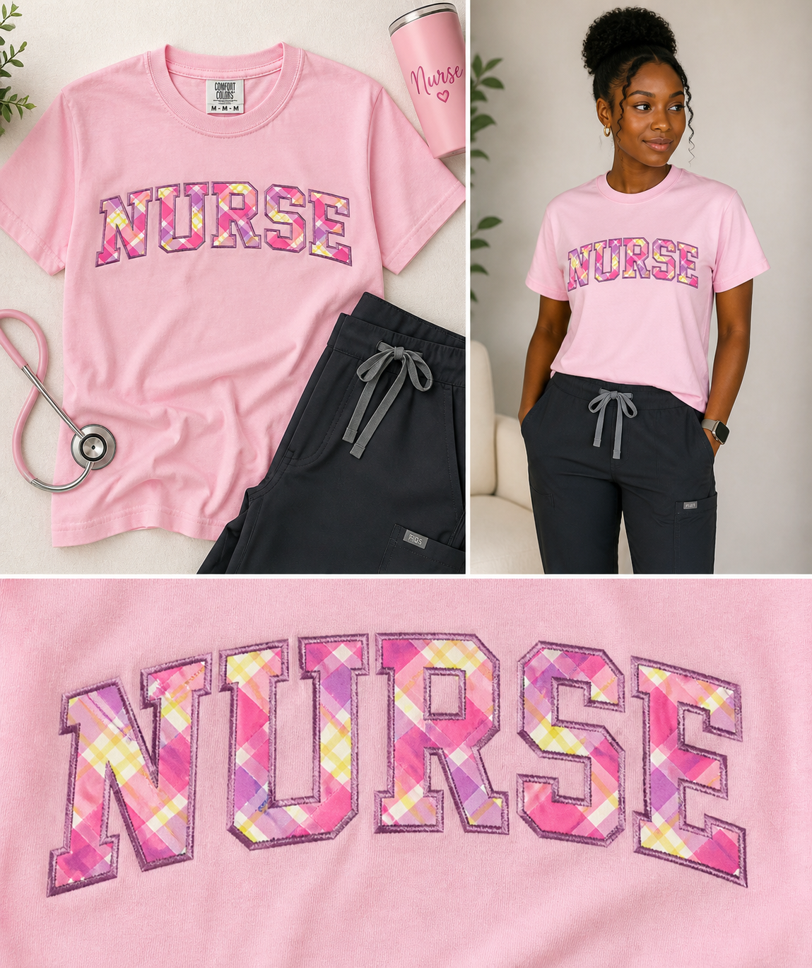 NURSE Applique Embroidered Tee - Pink Pastel Plaid - view 3