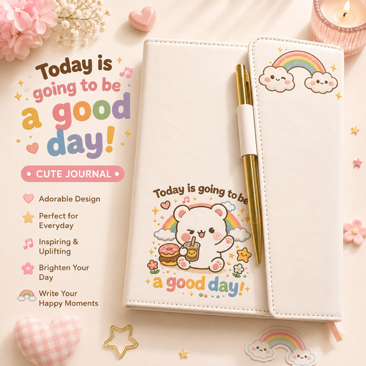 Cream faux leather journal with a kawaii bear holding a donut and the words Today is going to be a good day in pastel rainbow lettering, shown with a matching gold pen