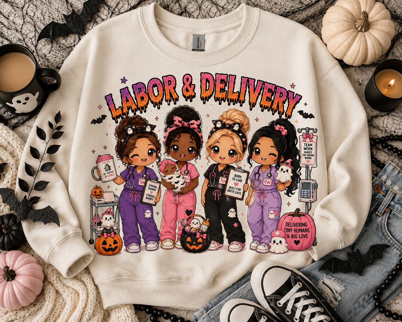 Labor and Delivery Halloween nurse sweatshirt in cream, with four chibi nurses and a swaddled newborn