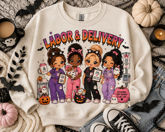 Labor and Delivery Halloween nurse sweatshirt in cream, with four chibi nurses and a swaddled newborn