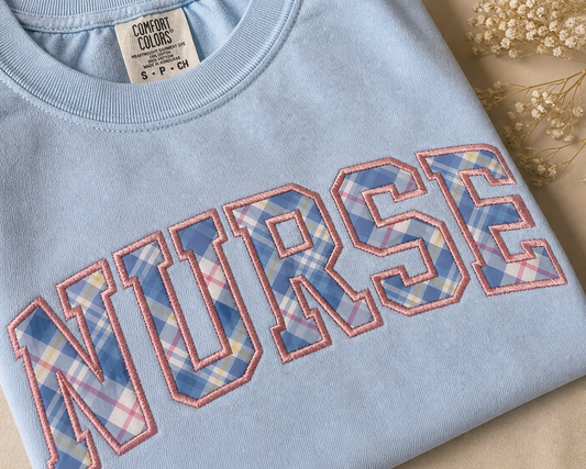 NURSE Appliqué Embroidered Tee – Pastel Plaid Lettering