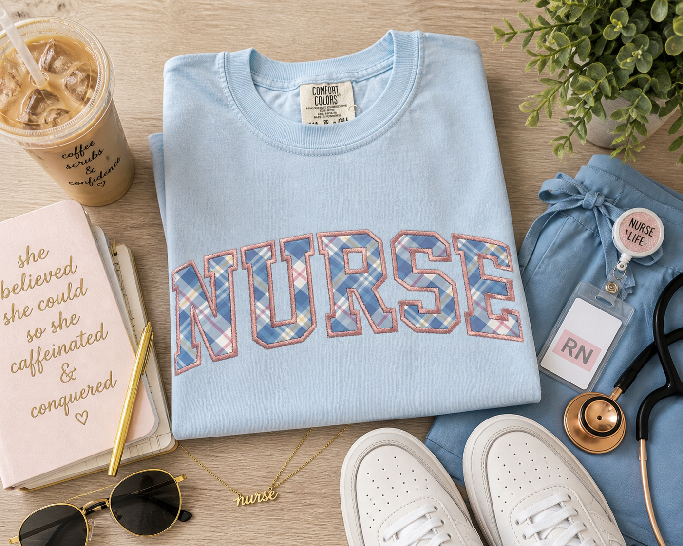 NURSE Appliqué Embroidered Tee – Pastel Plaid Lettering