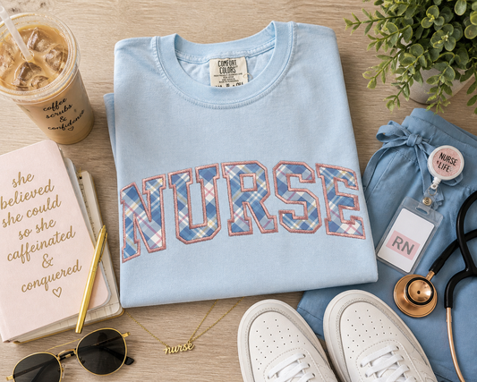 NURSE Appliqué Embroidered Tee – Pastel Plaid Lettering