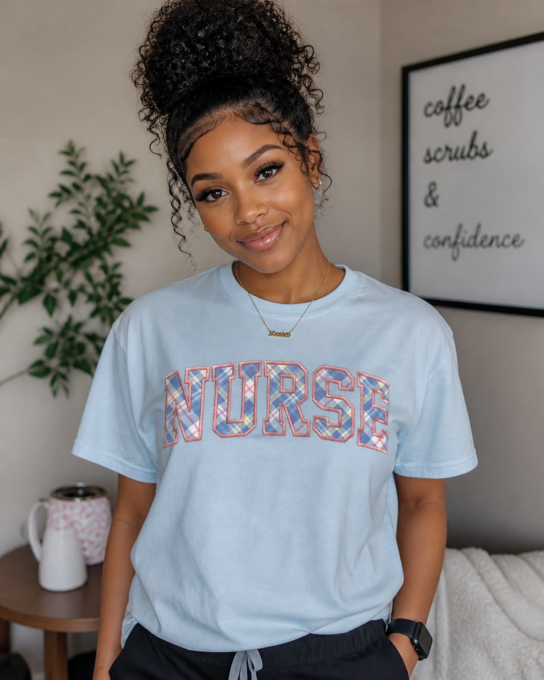 NURSE Appliqué Embroidered Tee – Pastel Plaid Lettering