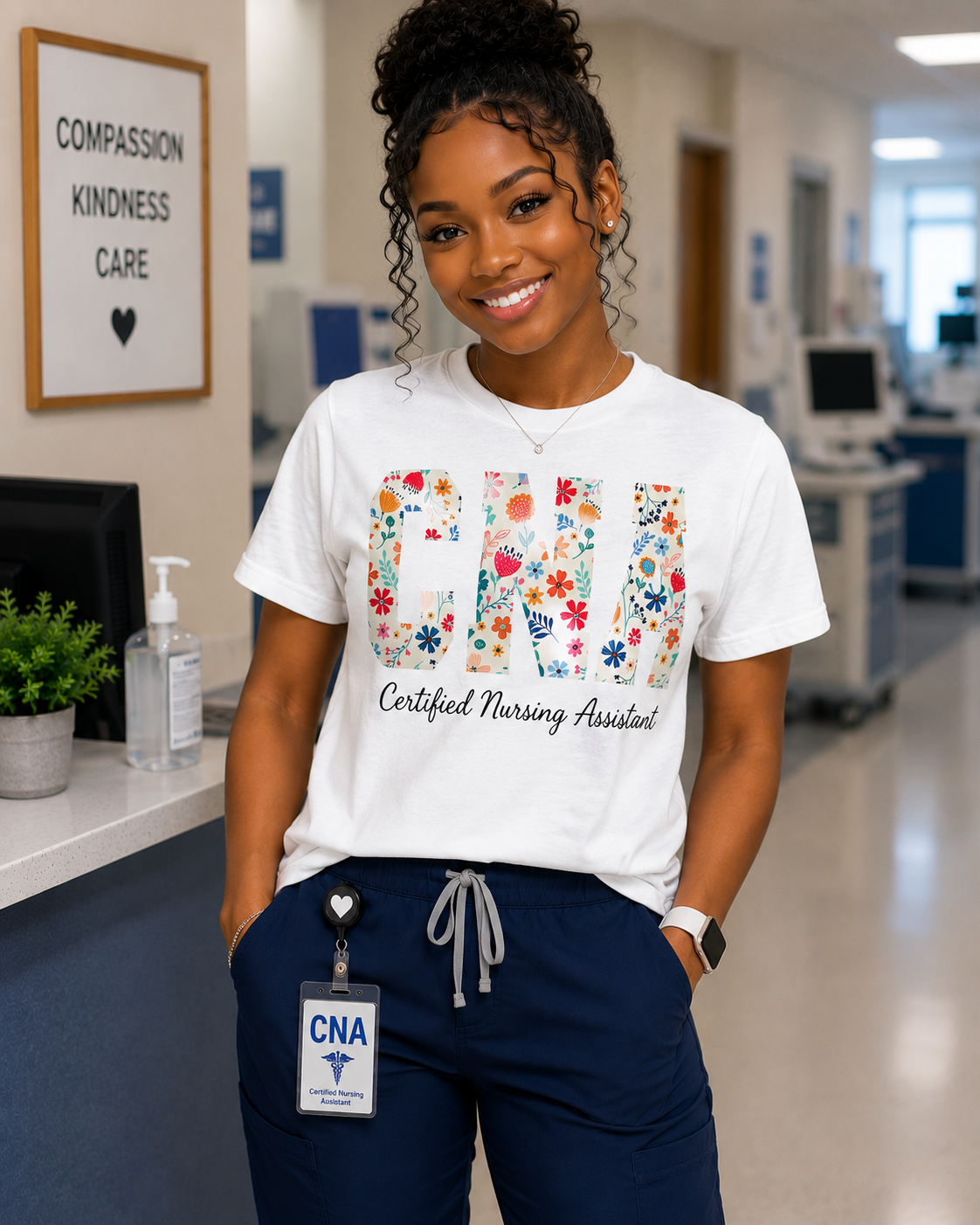 White Floral CNA Shirt - Certified Nursing Assistant Graphic Tee