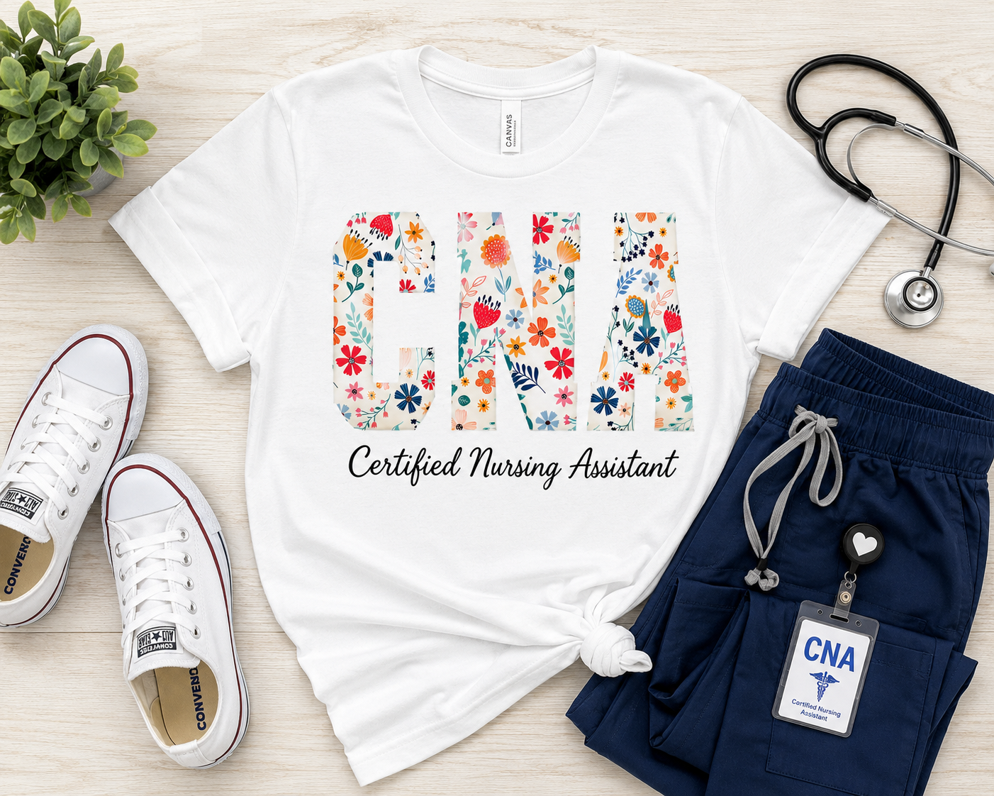 White Floral CNA Shirt - Certified Nursing Assistant Graphic Tee - view 2