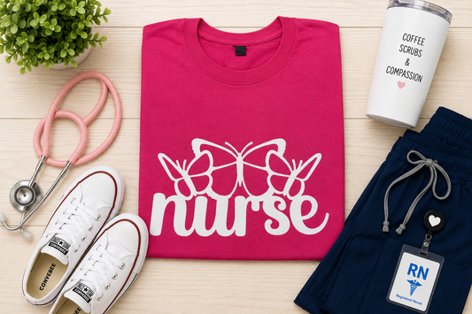Hot pink Butterfly Nurse T-Shirt with white butterfly and nurse script design, styled with navy scrubs and a stethoscope