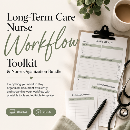The New LTC Nurse Shift Workflow free guide cover — 11-step long term care shift walkthrough and printable brain sheet